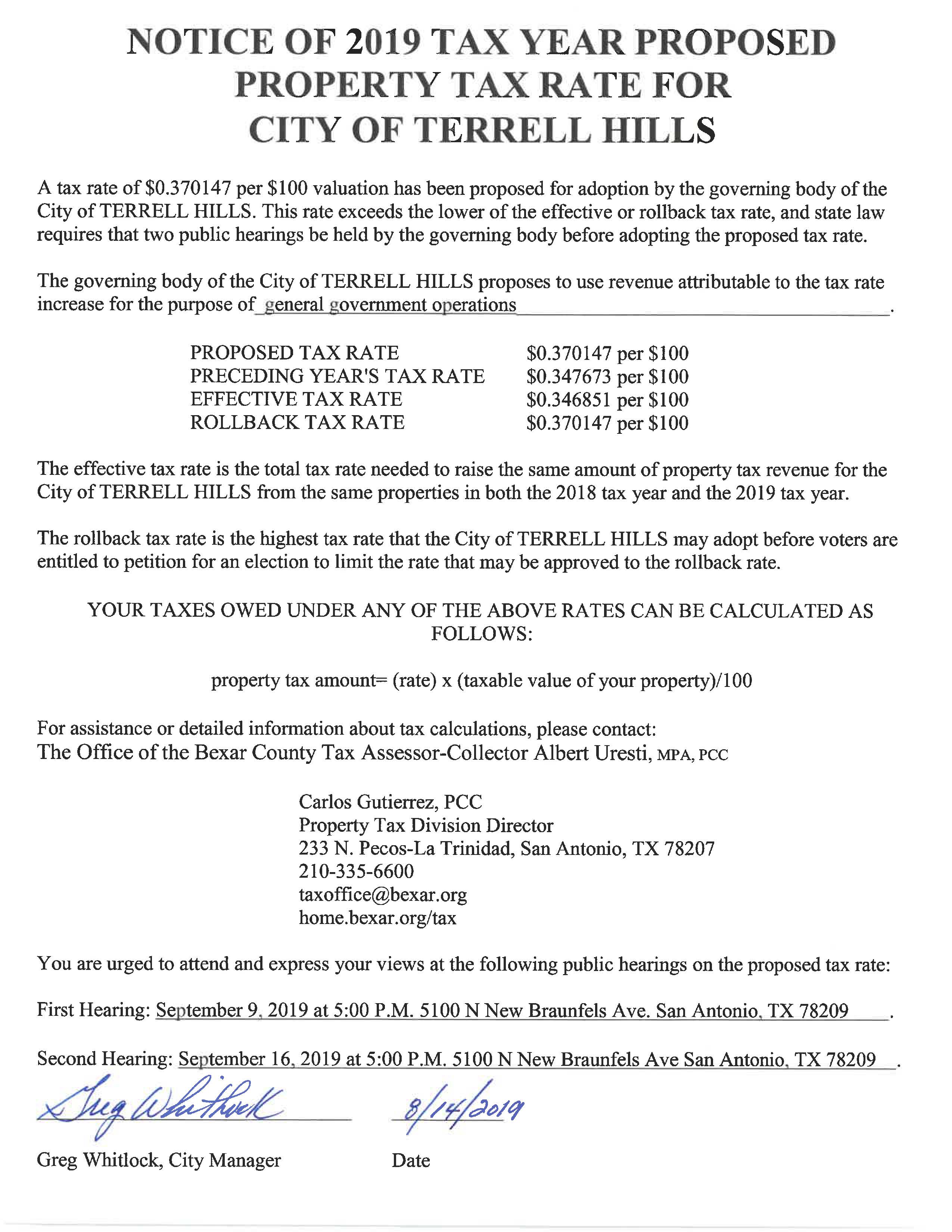 Notice of 2019 Tax Year Proposed Property Tax Rate